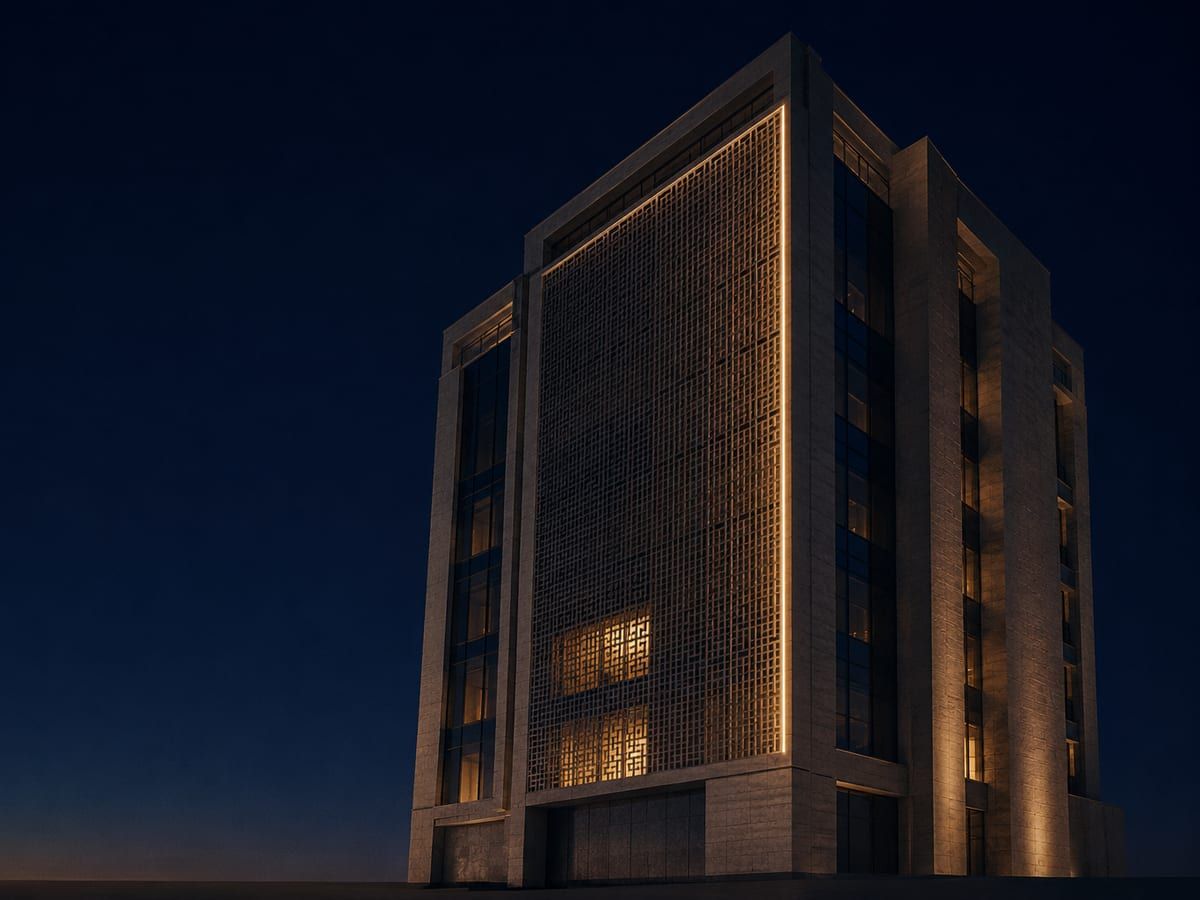 A modern mid-rise building with a geometric mashrabiya-style facade illuminated at dusk