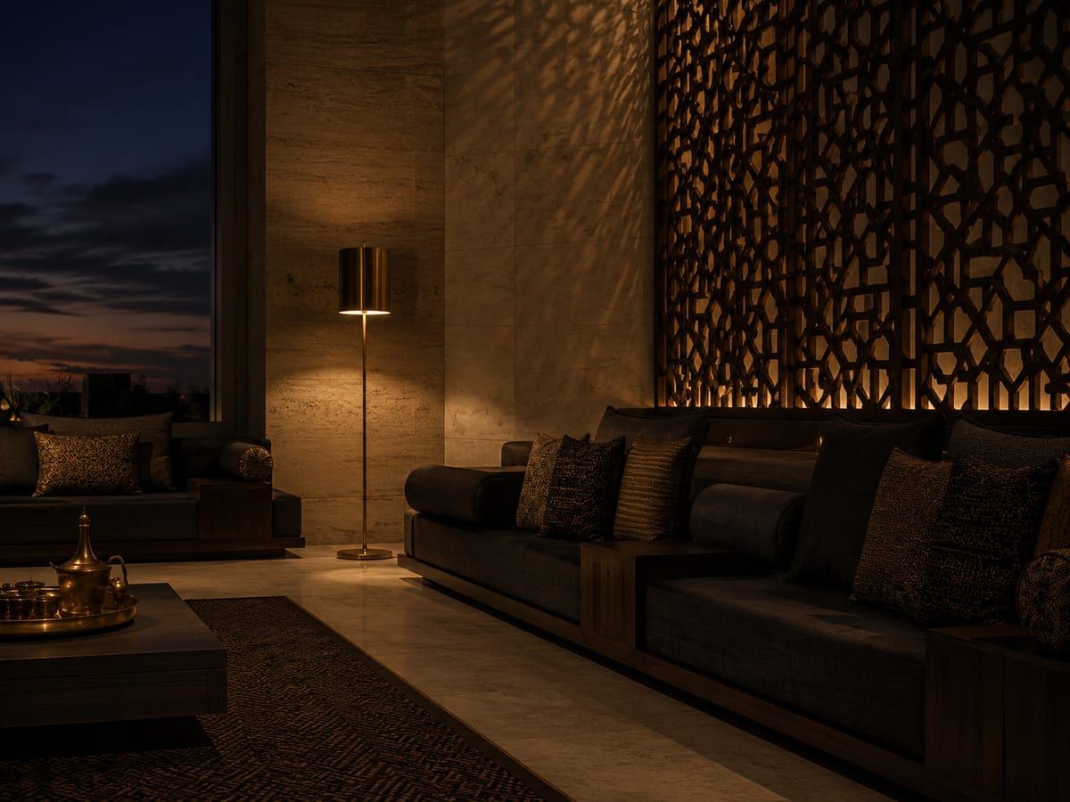 A refined contemporary majlis interior with mashrabiya screening and warm lighting