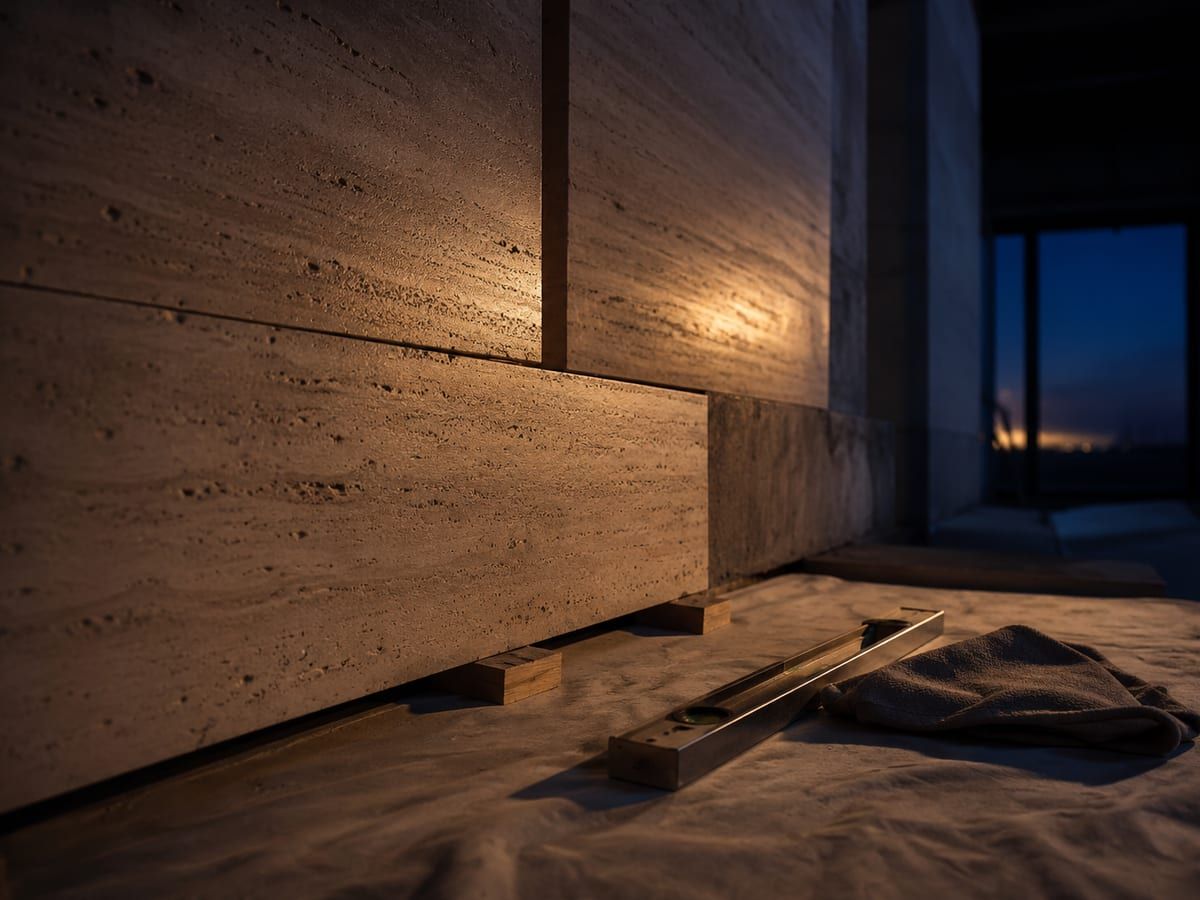 Premium travertine wall panels being installed with precision