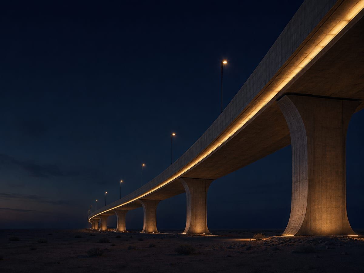A curving desert highway overpass illuminated at blue hour