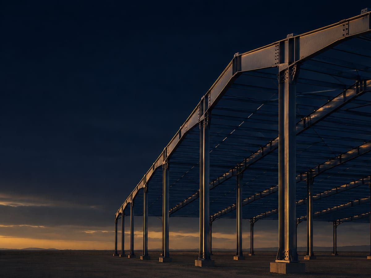 A large steel portal-frame structure under precise construction at dusk