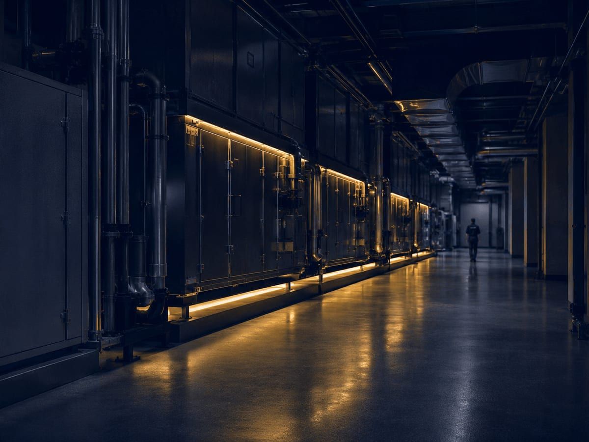A pristine building services plant room with rows of illuminated air-handling units