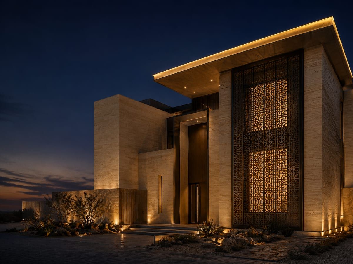 A modern Saudi private villa illuminated at desert dusk